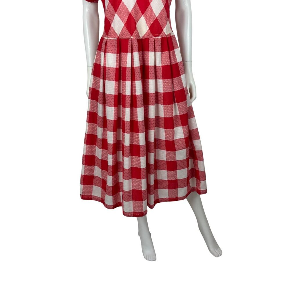 Vintage 80s Checkered Dress Womens Large Red White Picnic Gingham Fit And Flare - Picture 6 of 10